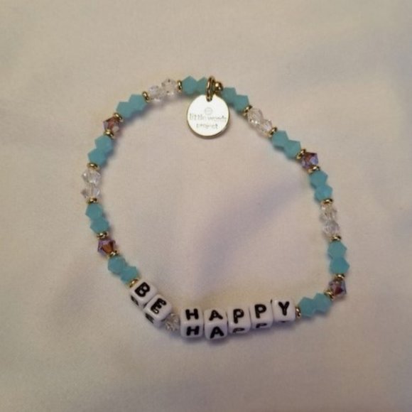 Little Words Project "BE HAPPY" Blue & Clear Crystal Bracelet with Pouch - Picture 2 of 6